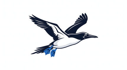 Obraz premium Blue-footed booby bird in flight with wings spread wide against a clear blue sky background