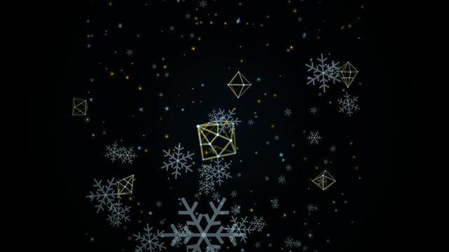 Abstract winter background with glowing snowflakes and geometric shapes