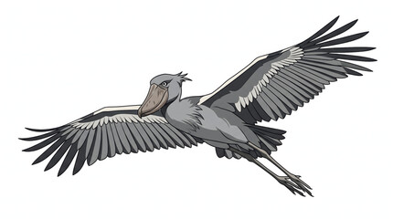 Obraz premium Shoebill stork flying with large wings spread against a clear sky