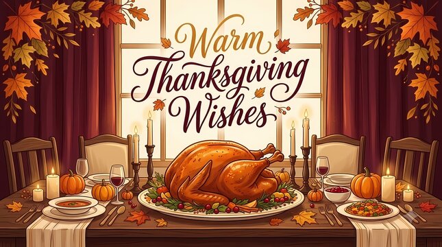 Warm Thanksgiving Wishes Dinner Table. Autumn Harvest Turkey Feast Celebration. Cozy Seasonal Holiday Interior. Elegant Vintage Illustration