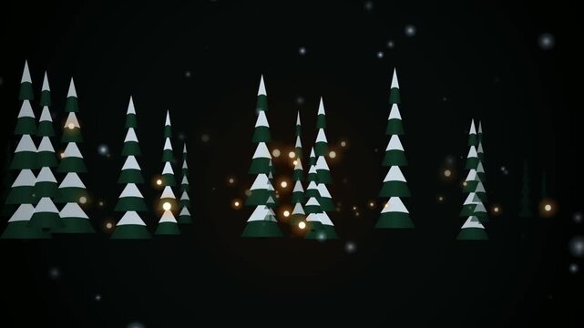 Stylized 3d christmas trees in a dark snowy forest with glowing bokeh lights