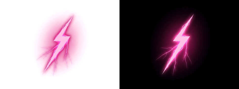 Bright pink neon lightning bolt icon glowing sharply against darkness suitable for energetic design work with PNG, Transparent and Black Background Versions