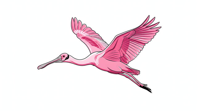 Roseate spoonbill flying with wings spread against a clear blue sky