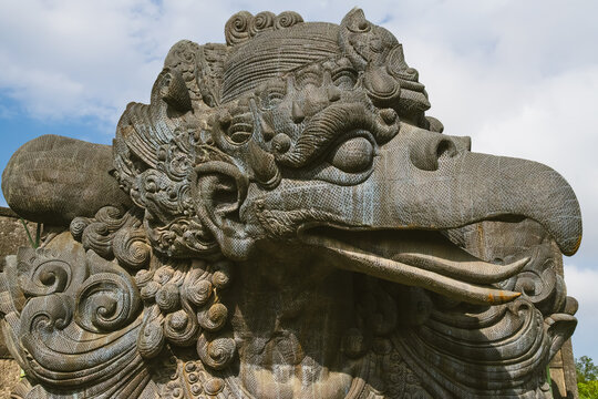 Detailed Close Up of Colossal Mythical Bird Garuda Statue Head at GWK Cultural Park Bali Indonesia