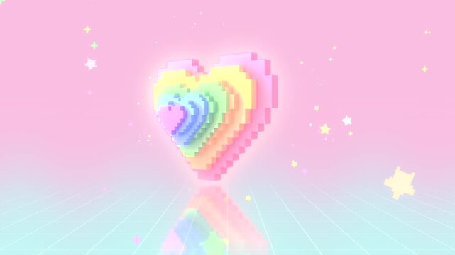 Retro synthwave style pumping voxel rainbow heart with flying stars and particles on grid lines animation. (loop)