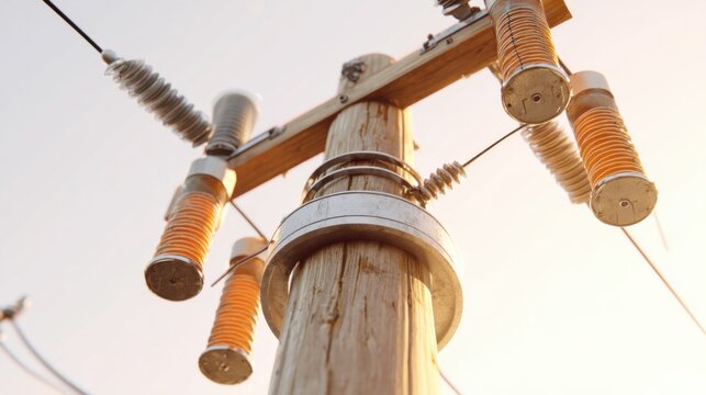 Wooden electric pole with orange insulators against bright sky