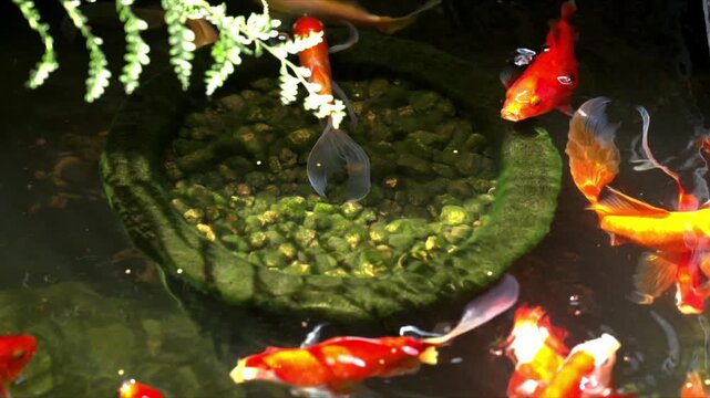 餌を食べる金魚たち