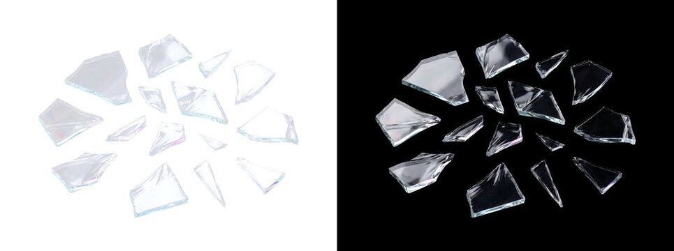 Realistic shattered glass shards scattered across darkness ideal for dramatic and impact design work with PNG, Transparent and Black Background Versions