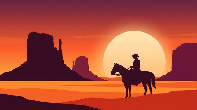 Cowboy riding a horse in the desert at sunset with mesa rock formations