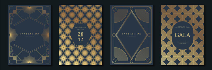 Plakat Luxury invitation card templates set. Vector navy blue and gold art deco geometric frames, elegant gala event layouts and ornamental vintage line patterns for formal stationery.