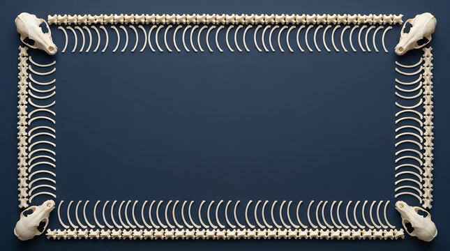 Animal skull and bone frame border on dark background for Halloween or gothic design