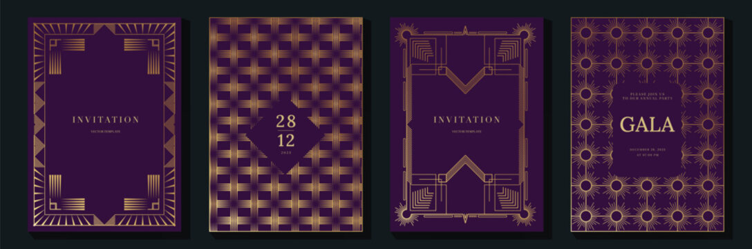Luxury invitation card templates set. Vector purple and gold art deco geometric frames, elegant gala event layouts and ornamental vintage patterns for formal celebration stationery.