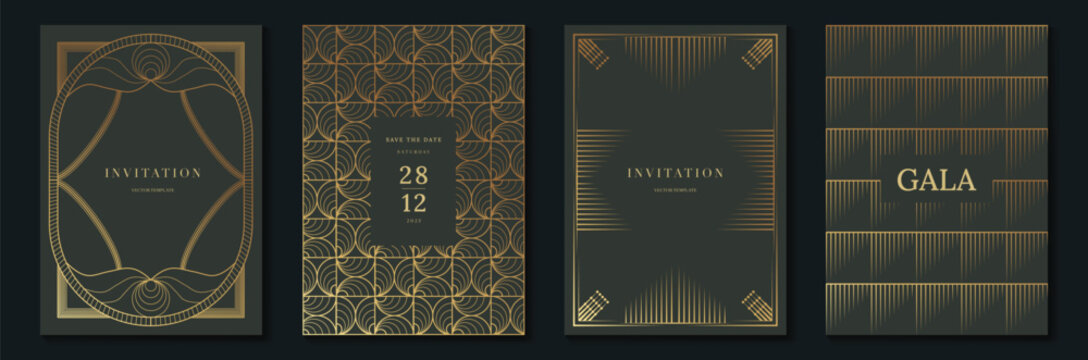 Luxury invitation card templates set. Vector black and gold art deco frames, elegant gala event layouts, geometric line ornaments and sunburst patterns for premium formal stationery.