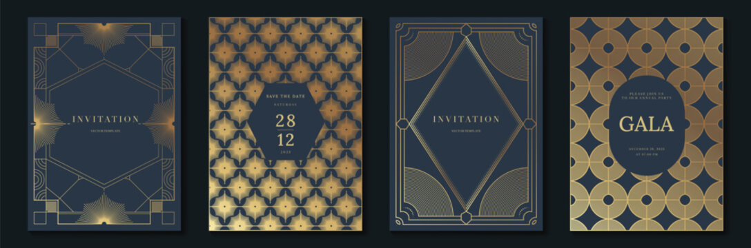 Luxury invitation card templates set. Vector navy blue and gold art deco geometric frames, elegant gala event layouts and ornamental vintage line patterns for formal stationery.