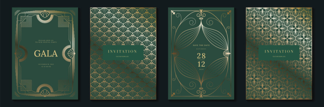 Luxury invitation card templates set. Vector emerald green and gold art deco frames, elegant gala event layouts and ornamental geometric patterns for premium formal stationery.