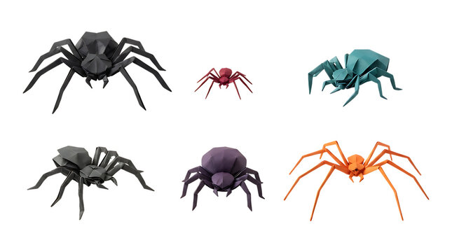 Set of colorful low poly spiders isolated on a white background
