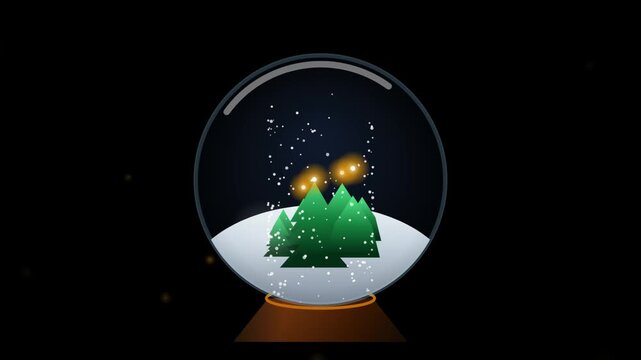 Snow globe with christmas trees and glowing lights on a dark background