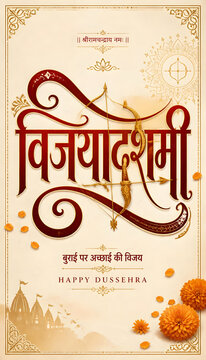 Dussehra celebration featuring grand Ram Darbar, ornate temple, traditional puja offerings, rangoli and Vijaya Dashami design