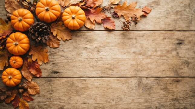 A warm and festive thanksgiving backdrop with pumpkins autumn leaves and rustic wooden planks