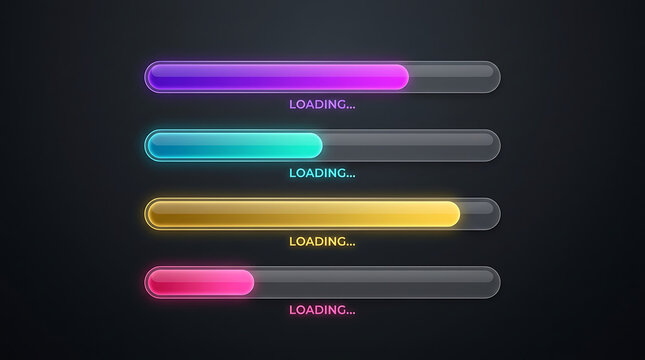 Close-up of colorful loading progress bars on digital screen with copy space