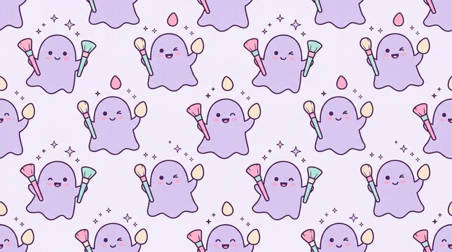 Cute kawaii ghost with makeup brushes seamless pattern background