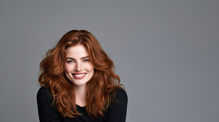 Fototapeta premium happy young woman with wavy auburn hair and freckles, smiling redheaded woman with natural beauty, cheerful slim woman with auburn hair and youthful freckles