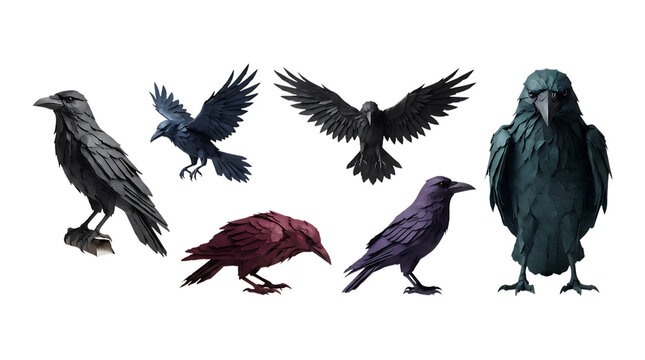 Collection of black ravens in various flying and standing poses isolated