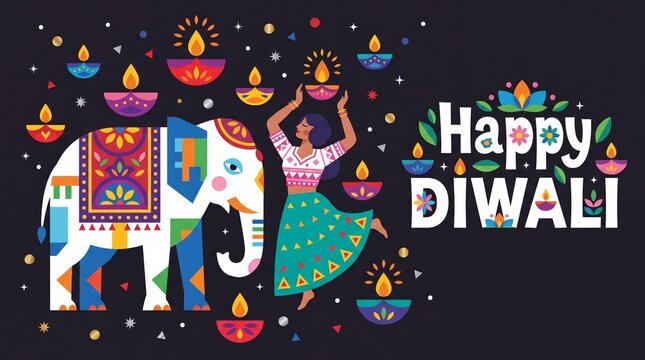Happy Diwali. Indian festival of lights. Vector abstract flat illustration for the holiday, lights, elephant, Indian woman and other objects for background or poster. See Less