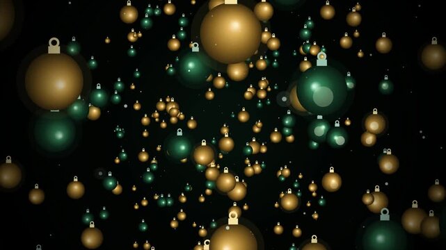 Abstract background with floating gold and green christmas ornaments