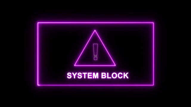 Neon purple system block warning sign with glowing exclamation point triangle for cybersecurity, digital error alerts, software access denied notifications, and high-tech data protection concepts
