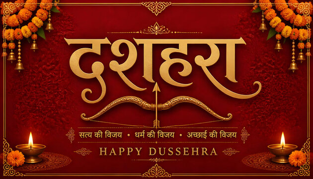 Dussehra celebration featuring Hindi दशहरा typography, festive diyas, marigold decorations and traditional Indian greeting design
