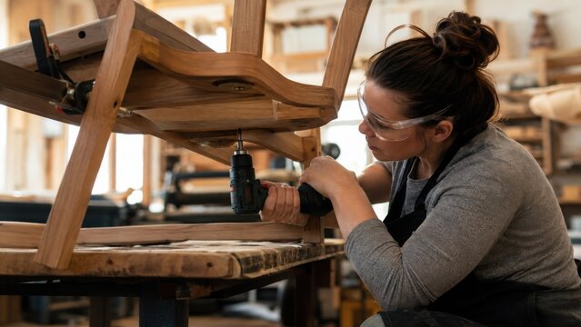 Female carpenter using a power drill to assemble wooden chair in a workshop, surrounded by tools and wooden materials on a workbench