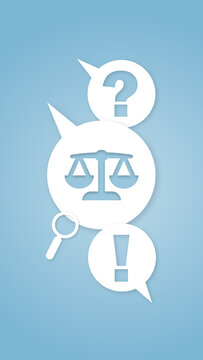 Legal advice illustration with speech bubbles, balance scale, question mark, and magnifying glass on blue background symbolizing legal consultation and analysis.