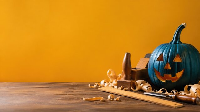 Carved teal pumpkin with a smiling face sits on a wooden table surrounded by woodworking tools and shavings against a bright yellow background for Halloween decoration