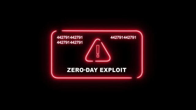 Neon red zero-day exploit warning sign with digital data streams and cyber security alert for advanced network protection, hacking defense, and information technology system failure concepts