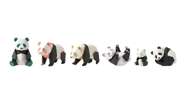 Set of six miniature panda bear figurines isolated on a white background