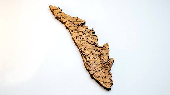 3d wooden kerala map with laser etched districts on white background