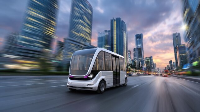 Sleek Autonomous Shuttle Bus Navigating a Modern City Street