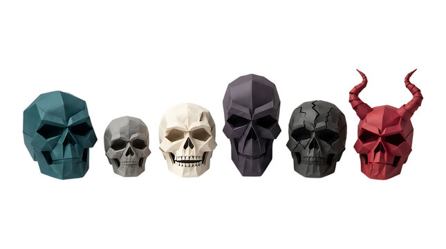 Set of six colorful low poly paper craft skulls isolated on white background