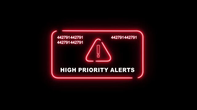 Dynamic red neon priority alert notification with rapidly changing digital data streams for cyber security, system warning interfaces, emergency broadcasts, and modern technology