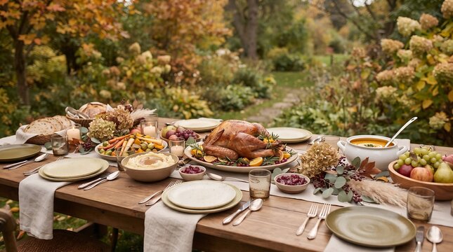 Abundant thanksgiving dinner spread on a long wooden table outdoors in autumn garden with al fresco