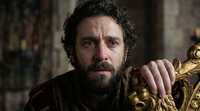 Nathan the prophet pointing a condemning finger at King David, declaring "You are the man!" after the ewe lamb parable.