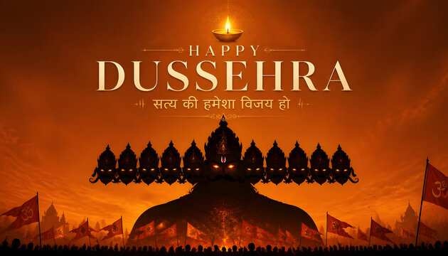 Dussehra celebration with glowing Ravana silhouette, dramatic sunset, festival fire and victory of good over evil design