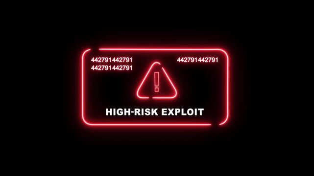 Cybersecurity alert featuring a glowing red neon warning sign with high-risk exploit text and rapidly changing digital data streams for network protection, software vulnerability, and tech concepts
