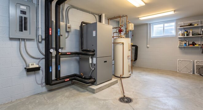 Modern basement utility room featuring geothermal heat pump and hot water tank setup