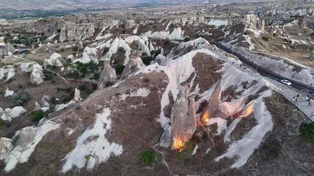 Three Beauties - landmark in volcanic tuff valley near Urgup. Cappadocia, Turkey