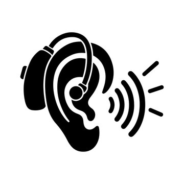 Black Solid Glyph Vector Icon Featuring Behind-the-Ear Hearing Aid Machine on Human Ear with Sound Waves and Signal Radiating Lines