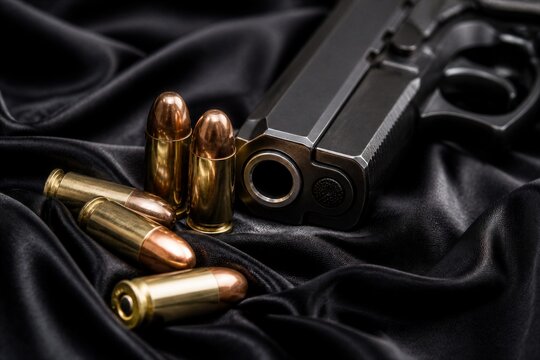 Close up of handgun barrel with scattered cartridges on satin