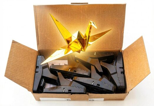 A shiny golden origami crane rests inside a cardboard box