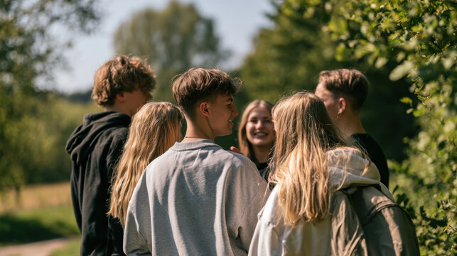 Group of young friends walking together outdoors in nature park during sunny day, happy teenagers chatting and spending time in countryside environment, outdoor leisure lifestyle background